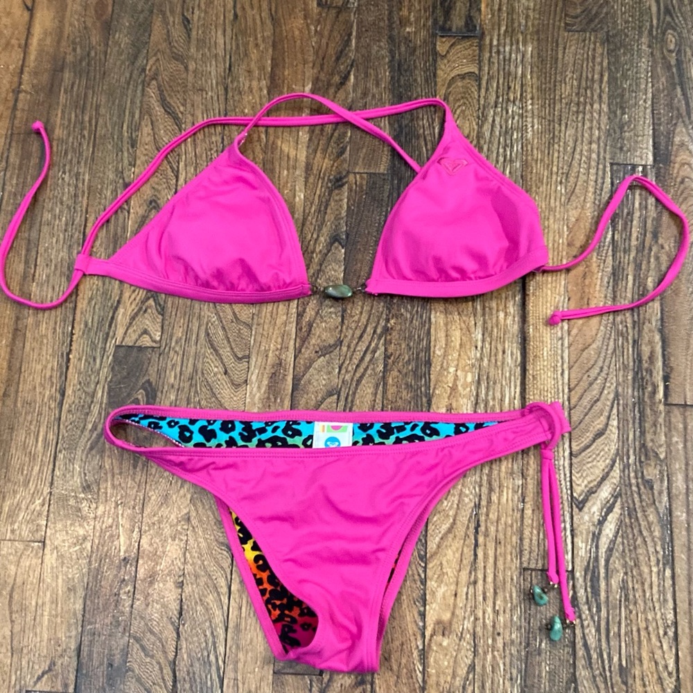 Hot Pink Roxy Bikini with Rainbow Leopard lining